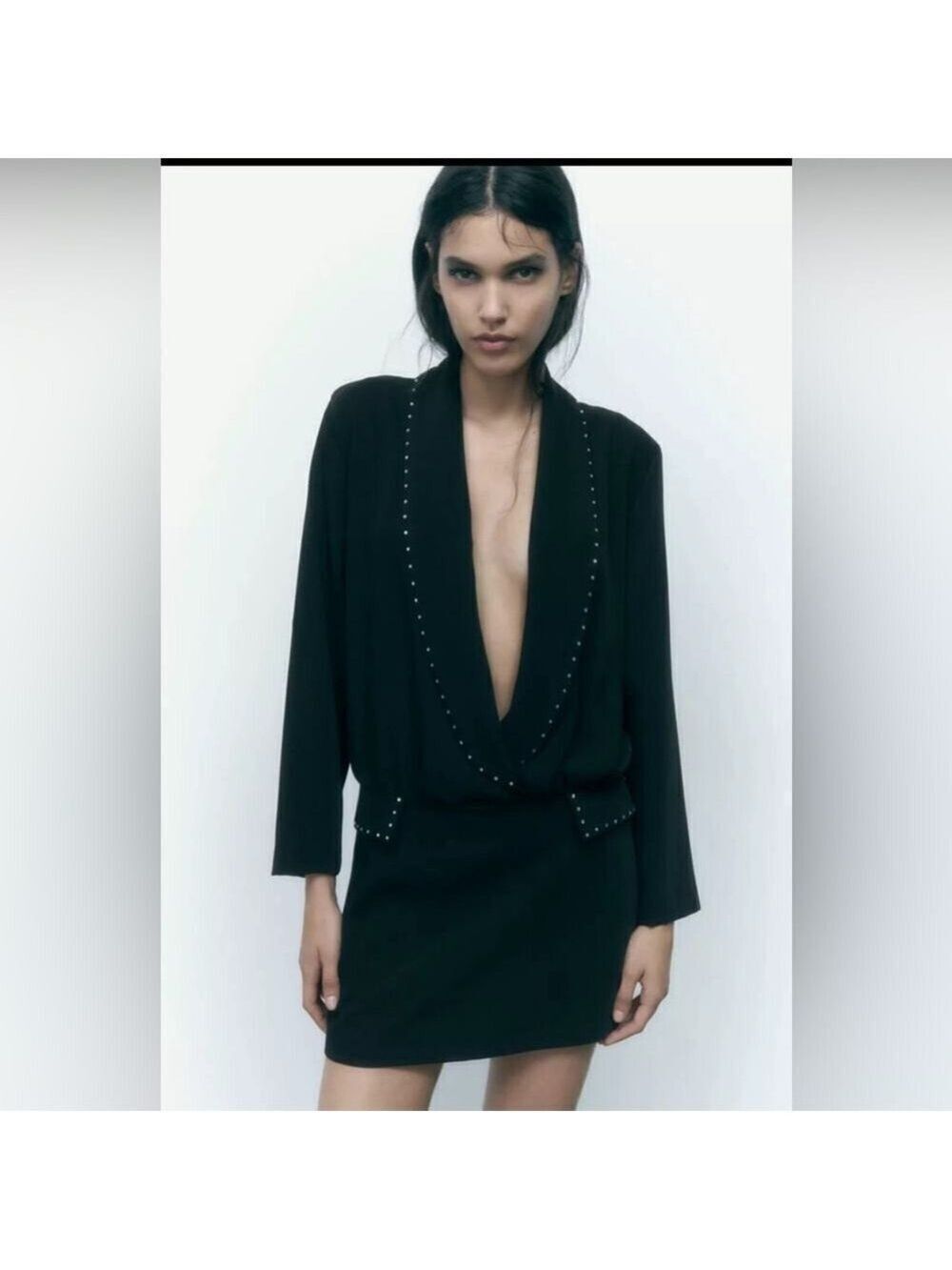 Zara Black Rhinestone Short blazer dress with V-neck lapel collar long sleeves